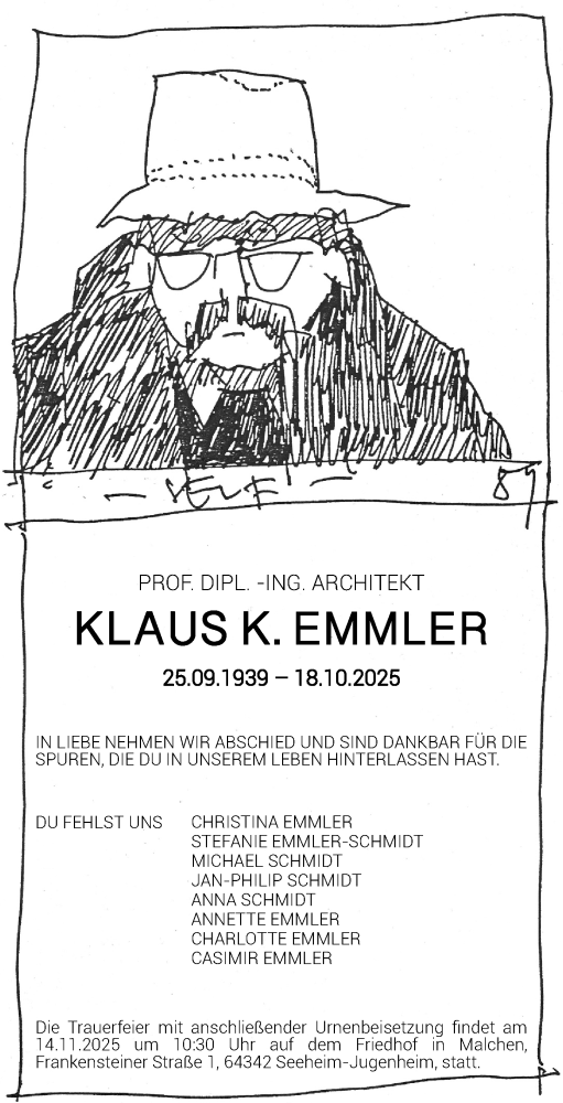  Traueranzeige für Klaus K. Emmler vom 01.11.2025 aus Darmstädter Echo
