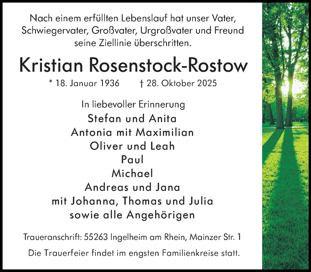  Traueranzeige für Kristian Rosenstock-Rostow vom 01.11.2025 aus Wiesbadener Kurier