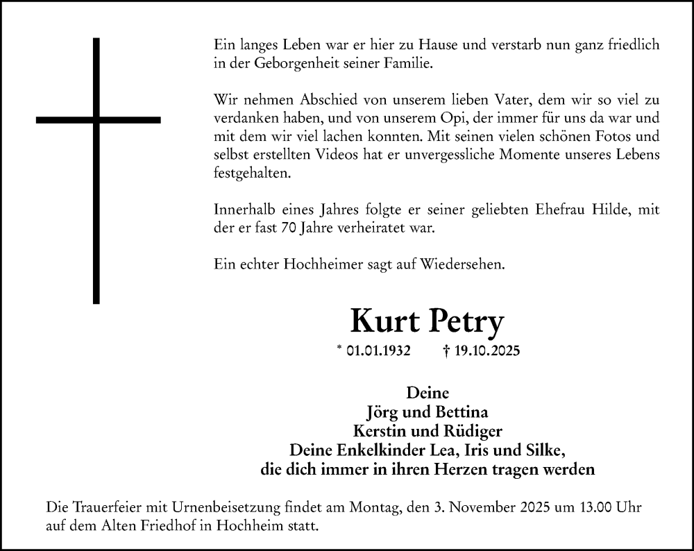  Traueranzeige für Kurt Petry vom 31.10.2025 aus Hochheimer Zeitung