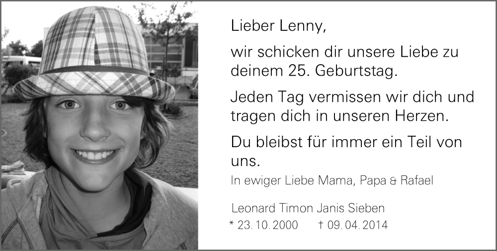  Traueranzeige für Leonard Timon Janis Sieben vom 23.10.2025 aus Allgemeine Zeitung Mainz