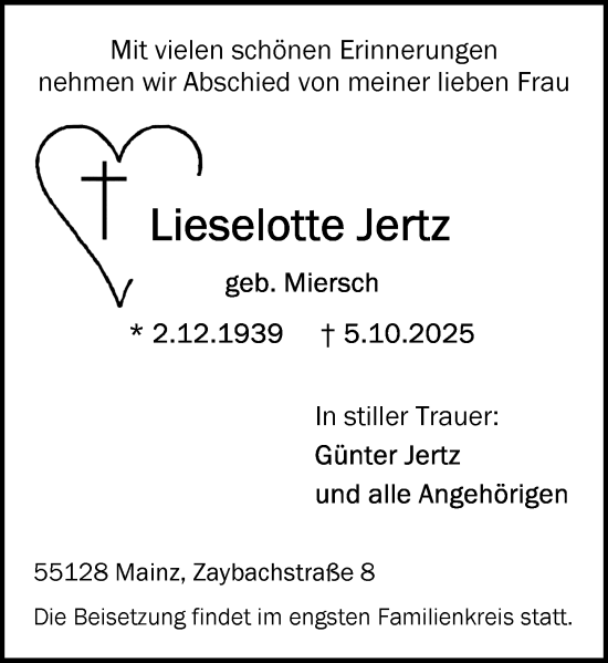 Traueranzeige von Lieselotte Jertz von Allgemeine Zeitung Mainz