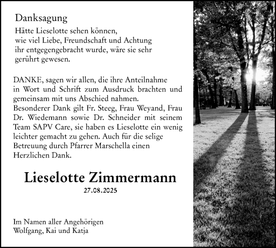 Traueranzeige von Lieselotte Zimmermann von Allgemeine Zeitung Alzey