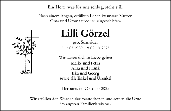 Traueranzeige von Lilli Görzel von Dill Block