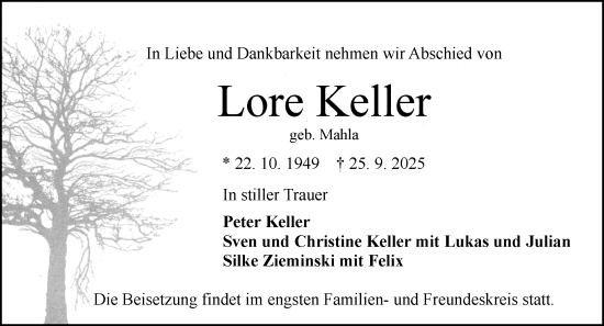 Traueranzeige von Lore Keller von Odenwälder Echo