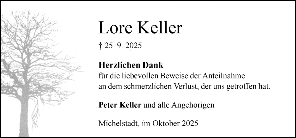  Traueranzeige für Lore Keller vom 25.10.2025 aus Odenwälder Echo