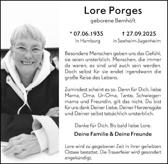 Traueranzeige von Lore Porges von Darmstädter Echo