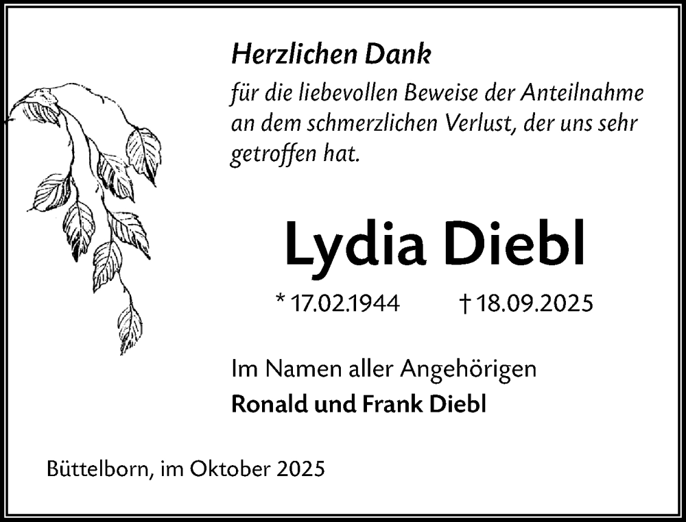 Traueranzeige für Lydia Diebl vom 25.10.2025 aus Groß-Gerauer Echo