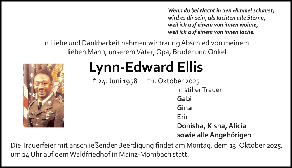  Traueranzeige für Lynn-Edward Ellis vom 11.10.2025 aus Allgemeine Zeitung Mainz