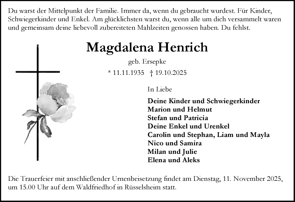  Traueranzeige für Magdalena Henrich vom 25.10.2025 aus Rüsselsheimer Echo