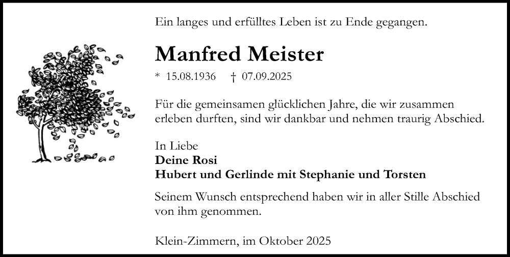  Traueranzeige für Manfred Meister vom 11.10.2025 aus Darmstädter Echo
