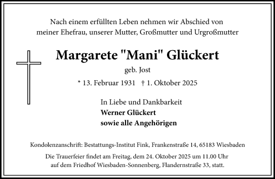 Traueranzeige von Margarete Glückert von Wiesbadener Kurier