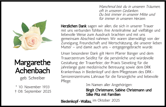 Traueranzeige von Margarethe Achenbach von Hinterländer Anzeiger