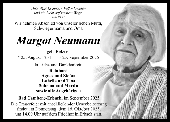 Traueranzeige von Margot Neumann von Camberger Anzeiger
