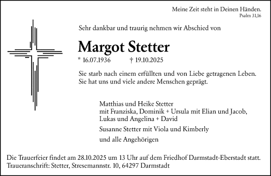 Traueranzeige von Margot Stetter von Darmstädter Echo