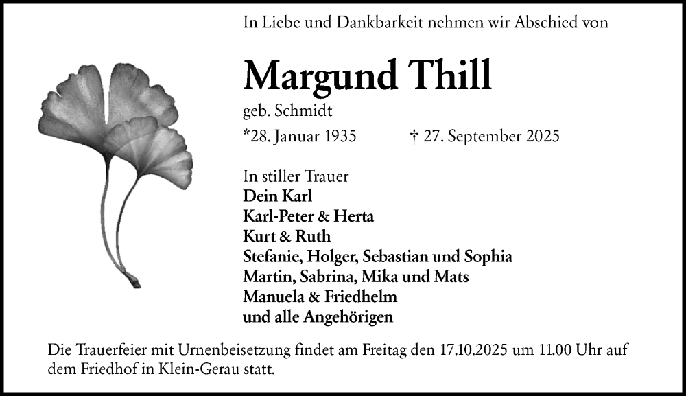  Traueranzeige für Margund Thill vom 11.10.2025 aus Groß-Gerauer Echo