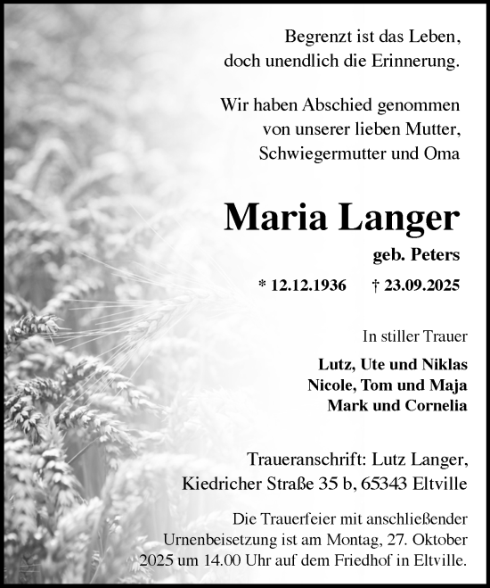 Traueranzeige von Maria Langer von Wiesbadener Kurier
