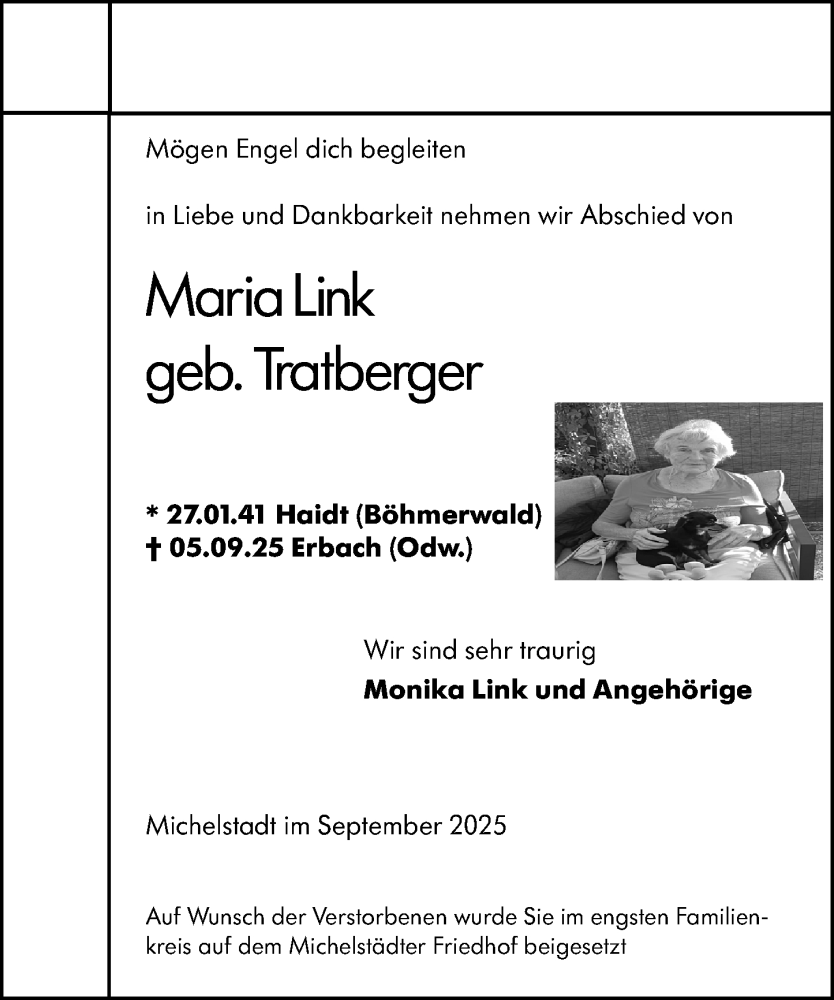  Traueranzeige für Maria Link vom 04.10.2025 aus Odenwälder Echo