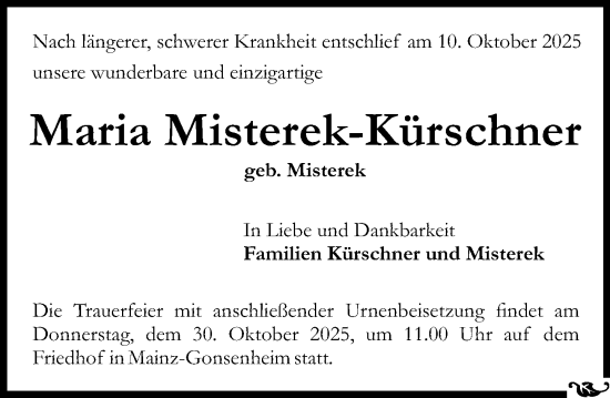 Traueranzeige von Maria Misterek-Kürschner von Allgemeine Zeitung Mainz