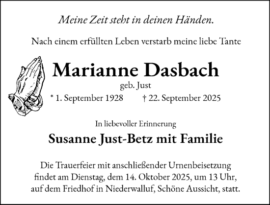 Traueranzeige von Marianne Dasbach von Rheingau Kurier