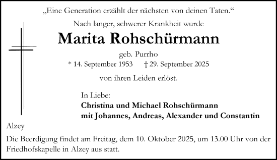 Traueranzeige von Marita Rohschürmann von Allgemeine Zeitung Alzey