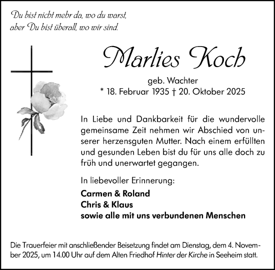 Traueranzeige von Marlies Koch von Darmstädter Echo