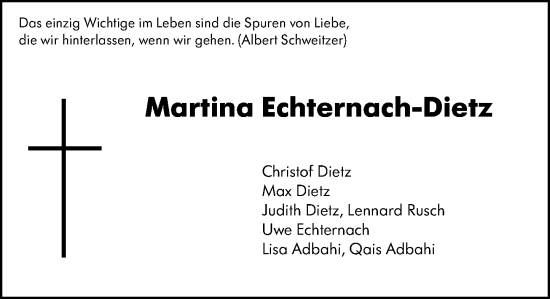 Traueranzeige von Martina Echternach-Dietz von Darmstädter Echo