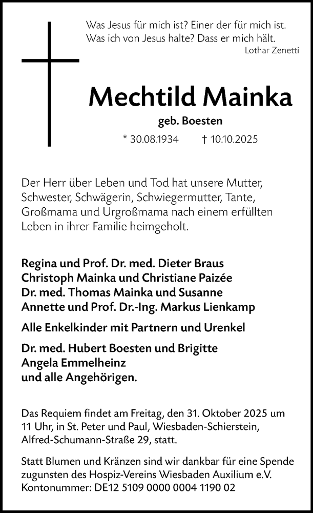  Traueranzeige für Mechtild Mainka vom 18.10.2025 aus Wiesbadener Kurier