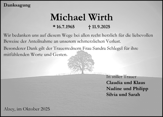 Traueranzeige von Michael Wirth von Allgemeine Zeitung Alzey