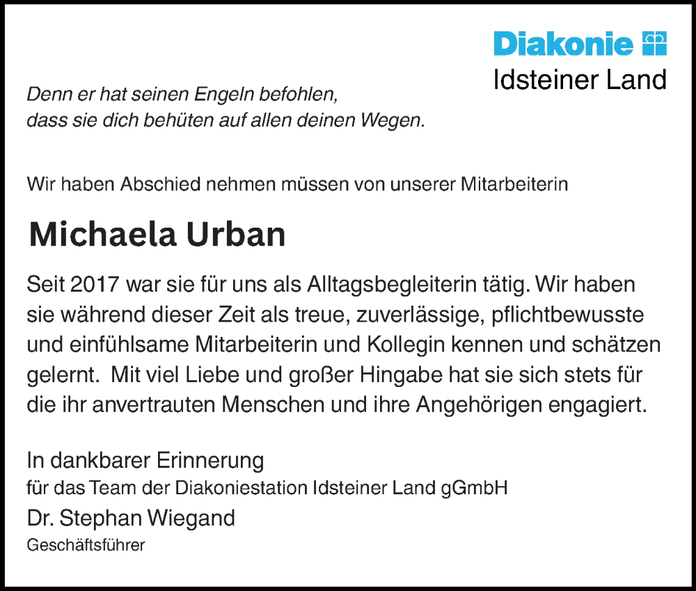  Traueranzeige für Michaela Urban vom 08.10.2025 aus Idsteiner Land/Untertaunus