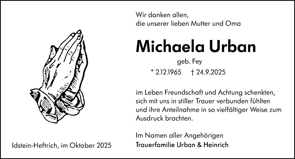  Traueranzeige für Michaela Urban vom 25.10.2025 aus Idsteiner Land/Untertaunus
