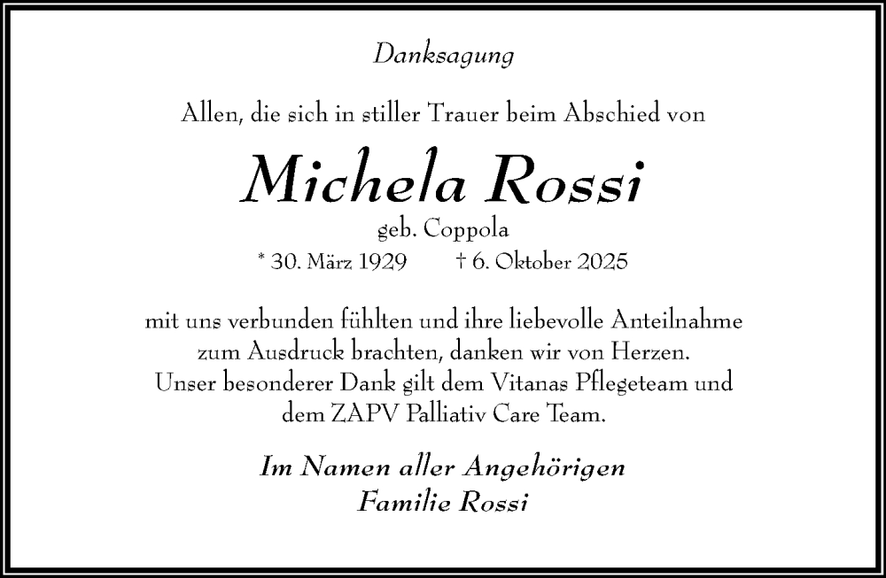  Traueranzeige für Michela Rossi vom 25.10.2025 aus Wiesbadener Kurier