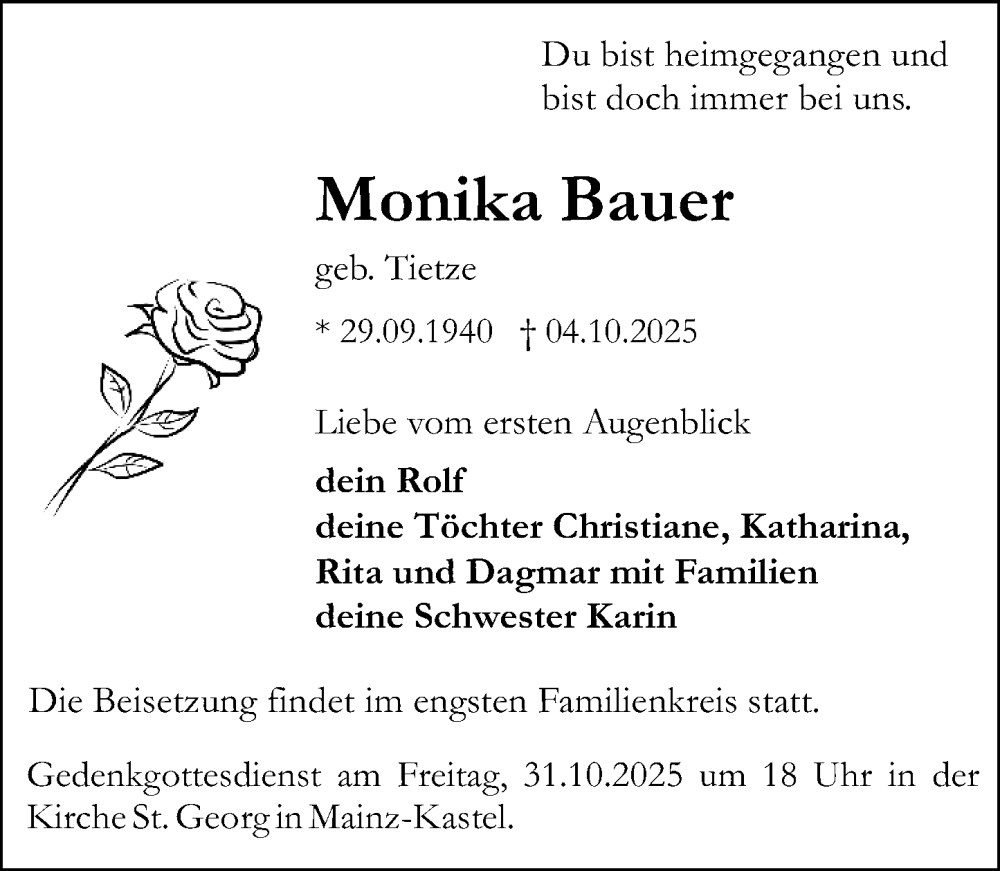  Traueranzeige für Monika Bauer vom 25.10.2025 aus Allgemeine Zeitung Mainz