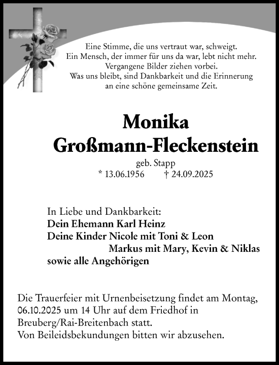 Traueranzeige von Monika Großmann-Fleckenstein von Odenwälder Echo