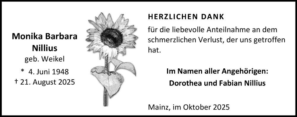  Traueranzeige für Monika Barbara Nillius vom 11.10.2025 aus Allgemeine Zeitung Mainz