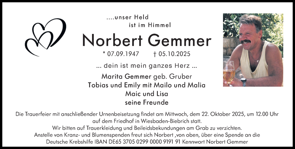  Traueranzeige für Norbert Gemmer vom 11.10.2025 aus Wiesbadener Kurier