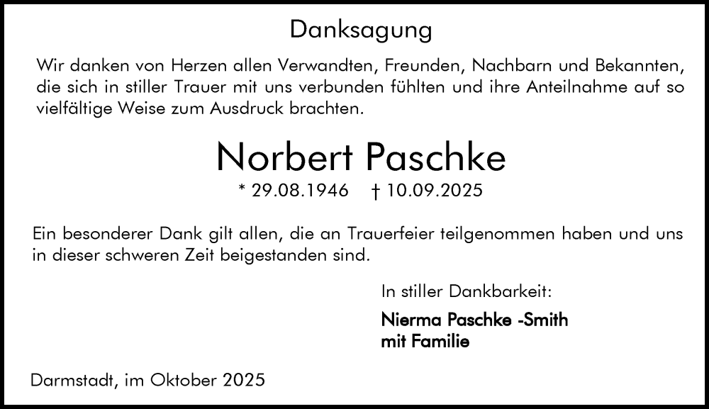  Traueranzeige für Norbert Paschke vom 18.10.2025 aus Darmstädter Echo