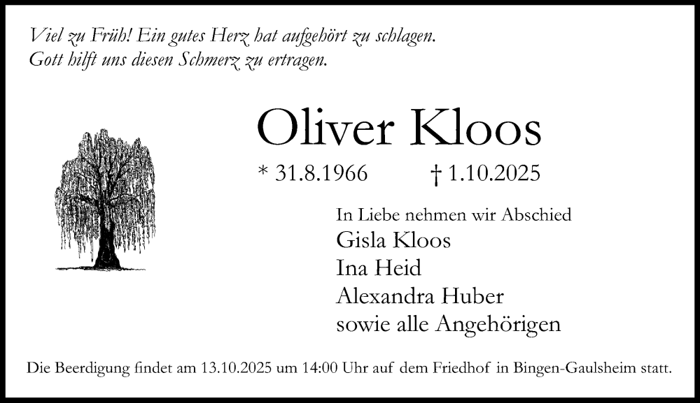  Traueranzeige für Oliver Kloos vom 11.10.2025 aus Allgemeine Zeitung Rheinhessen-Nahe