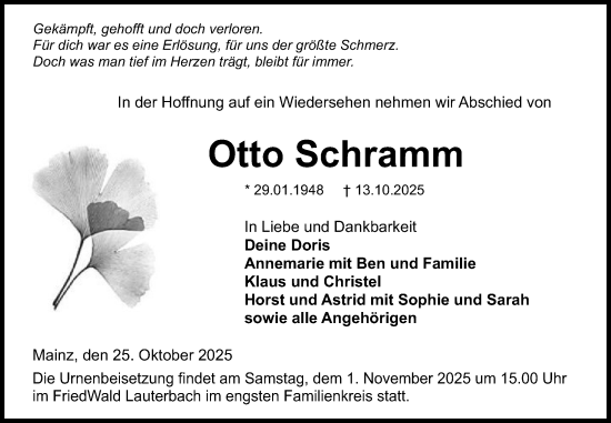 Traueranzeige von Otto Schramm von Allgemeine Zeitung Mainz