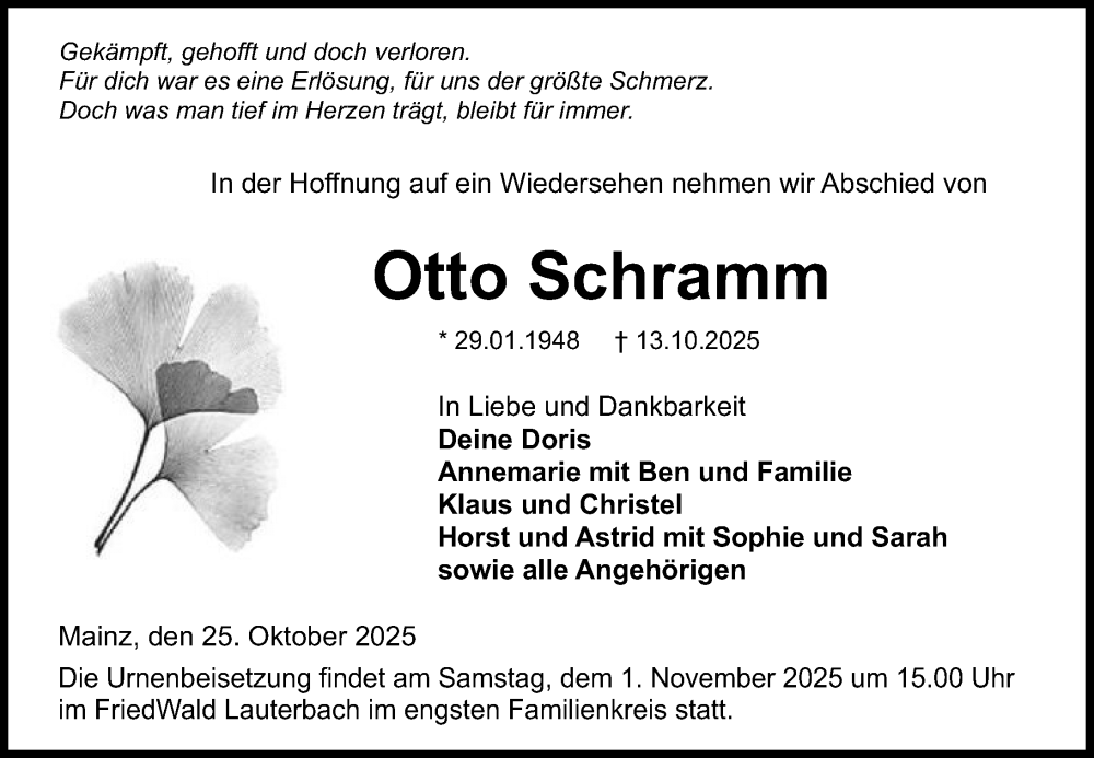  Traueranzeige für Otto Schramm vom 25.10.2025 aus Allgemeine Zeitung Mainz