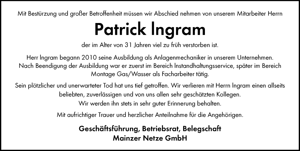  Traueranzeige für Patrick Ingram vom 25.10.2025 aus Allgemeine Zeitung Mainz