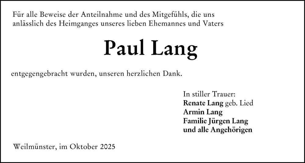 Traueranzeige für Paul Lang vom 18.10.2025 aus Weilburger Tageblatt