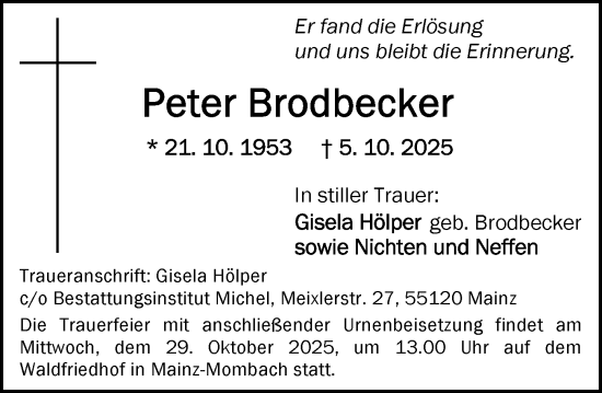 Traueranzeige von Peter Brodbecker von Allgemeine Zeitung Mainz
