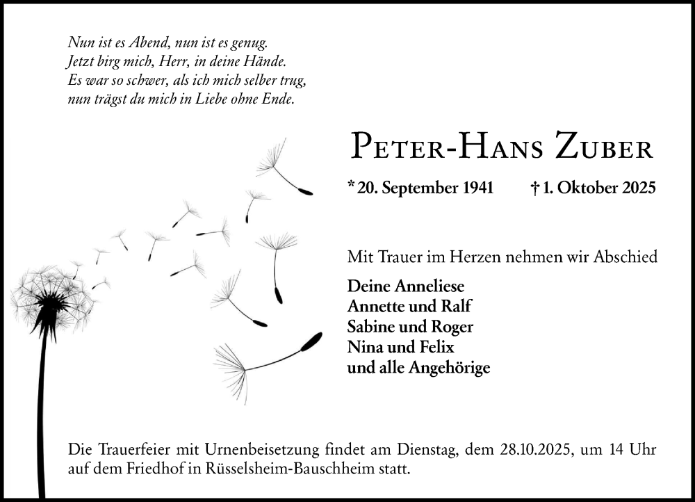  Traueranzeige für Peter-Hans Zuber vom 25.10.2025 aus Rüsselsheimer Echo