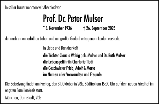 Traueranzeige von Peter Mulser von Darmstädter Echo