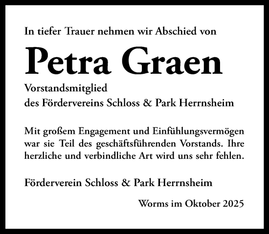Traueranzeige von Petra Graen von Wormser Zeitung
