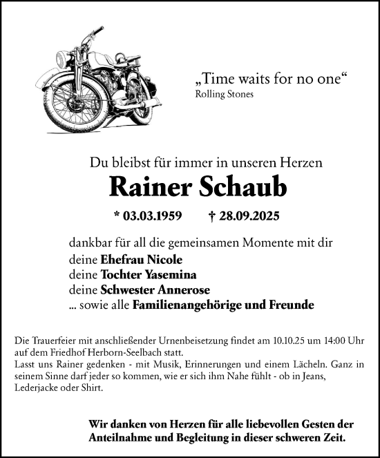 Traueranzeige von Rainer Schaub von Dill Block