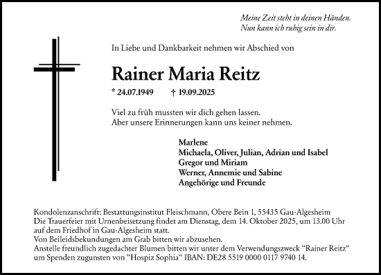Traueranzeige von Rainer Maria Reitz von Allgemeine Zeitung Rheinhessen-Nahe