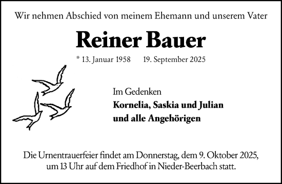 Traueranzeige von Reiner Bauer von Darmstädter Echo