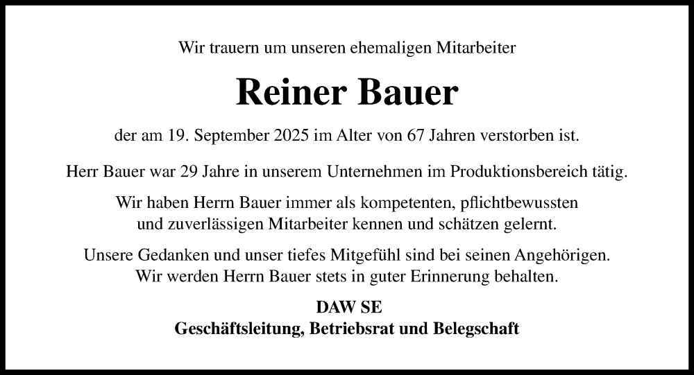  Traueranzeige für Reiner Bauer vom 15.10.2025 aus Darmstädter Echo