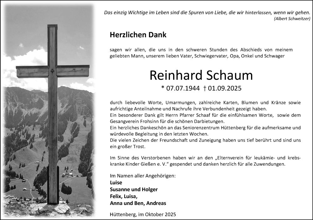  Traueranzeige für Reinhard Schaum vom 18.10.2025 aus Wetzlarer Neue Zeitung
